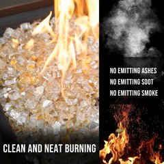 Skyflame fire pit in use with glass reflecting flames for improved brightness and ambience