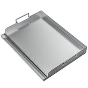 Skyflame griddle front view showing full cooking surface and handles, easy versatile cooking