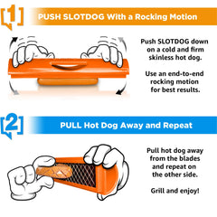 SLOTDOG slicing hot dog on griddle producing expanded slots and crisp edges benefit