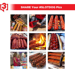 SLOTDOG next to standard hot dog for scale showing compact portable benefit