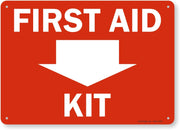 SmartSign front view of First Aid Kit sign showing clear arrow and text for fast identification