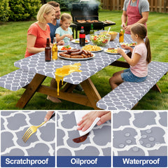 Smiry table cover in camping setup protecting tabletop from moisture and dirt