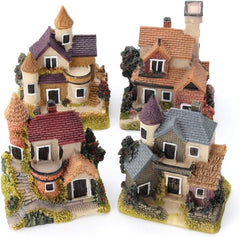 Smowfes front view of four resin fairy houses showing vibrant colors and whimsical design benefits