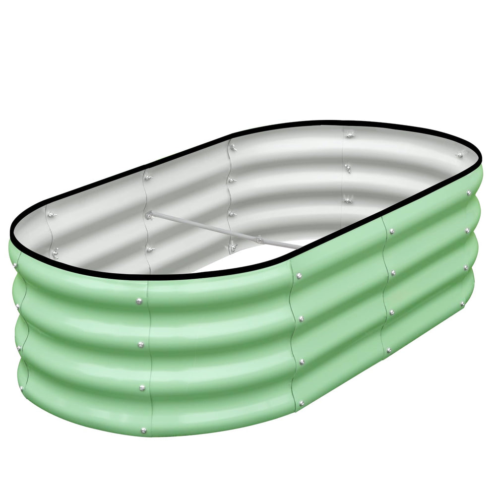 SnugNiture front view of oval galvanized raised bed showing footprint and shape for efficient gardening