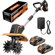 SOARFLY front view of cordless tiller showing compact profile and blades for easy mobility