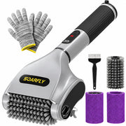 SOARFLY front view packaging showing cordless grill brush and accessories for convenience