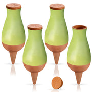 Soilagua 4-pack front view showing terracotta watering stakes and neat design benefits