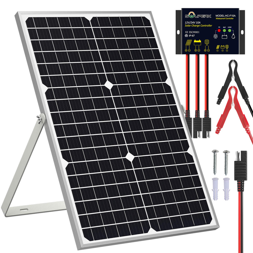 SOLPERK solar panel front view showing cells and brand for reliable maintenance