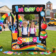 Soulchen front view of inflatable frame showing colorful first day graphics and benefit of an eye-catching backdrop