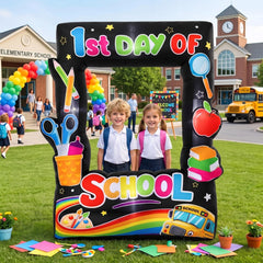 Soulchen front view of inflatable frame showing colorful first day graphics and benefit of an eye-catching backdrop