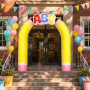 Soulchen front view of pencil ABC arch showing bright school-themed backdrop benefit