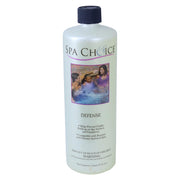 SpaChoice front bottle showing one-quart descaler and easy dosing benefit