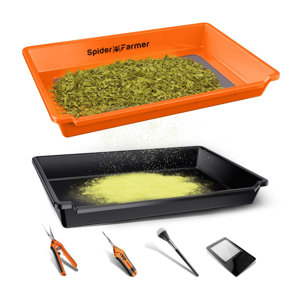 Spider Farmer trim tray front view showing organized workspace and containment benefit