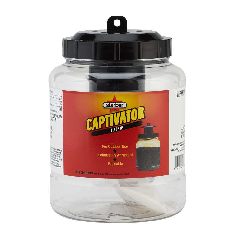 Starbar Captivator front view hanging outdoors shows trap and clear jar for monitoring catches