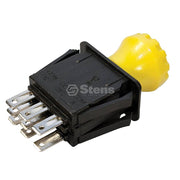 Stens PTO switch front view with yellow knob showing clear engagement control