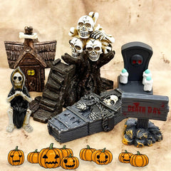 Suartus figurines arranged in a fairy garden adding spooky charm