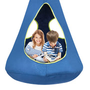 SUCHDECO front view of blue nest swing showing inviting entrance and shape benefit: private play space