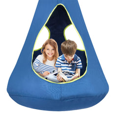 SUCHDECO front view of blue nest swing showing inviting entrance and shape benefit: private play space