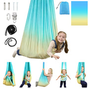 SUCHDECO sensory swing front view showing blue cocoon and sturdy seams for comfort