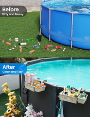 SUMMERBUDDY basket mounted on an oval above-ground pool rail keeping drinks and sunscreen accessible