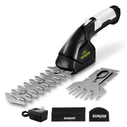 Sun Joe front packaging showing included blades and charger for quick start