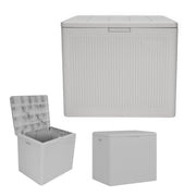 Suncast front view of French gray deck box showing compact storage benefit