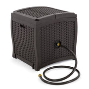 Suncast front view of wicker-style reel showcasing neat exterior and curb appeal