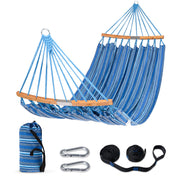 SUNCREAT double hammock front view showing full blue bed and curved spreader bars for comfortable lounging