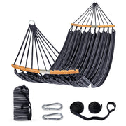 SUNCREAT front view of dark gray double hammock showing full bed and spreader bars, comfortable lounging