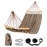 SUNCREAT front view of brown double hammock showing full bed and spreader bars, comfortable lounging