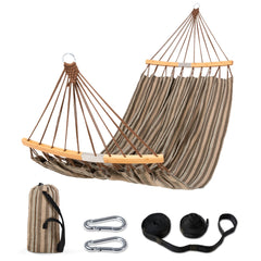 SUNCREAT front view of brown double hammock showing full bed and spreader bars, comfortable lounging