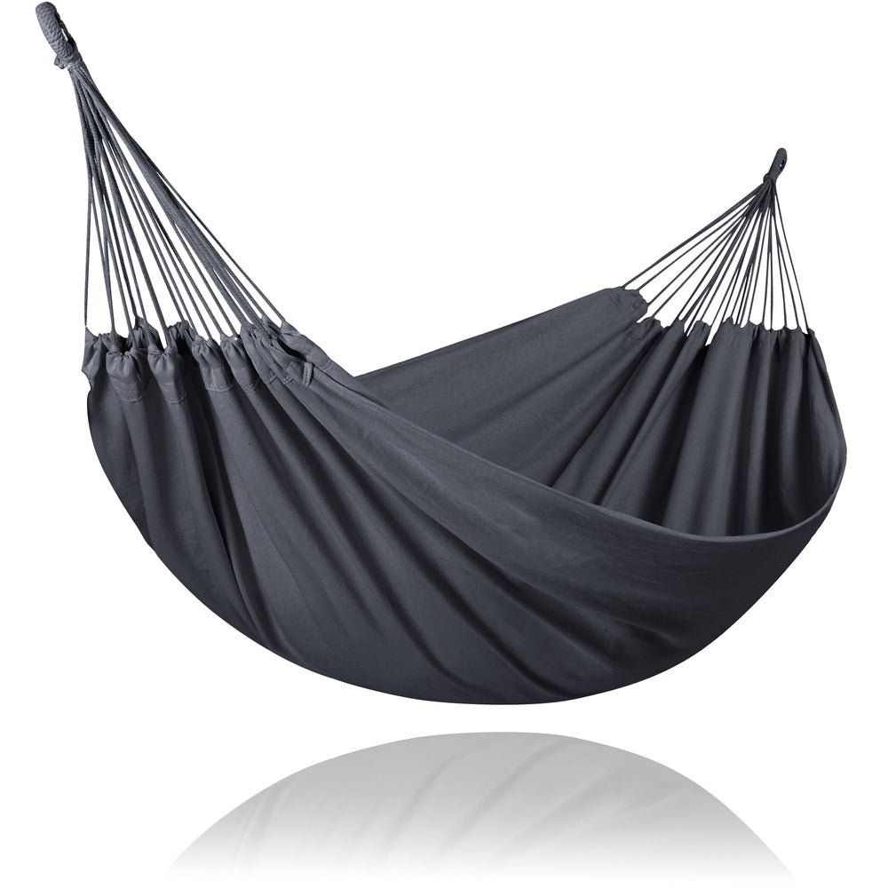 SUNCREAT front view of dark gray hammock showing full bed and loops for two people comfort