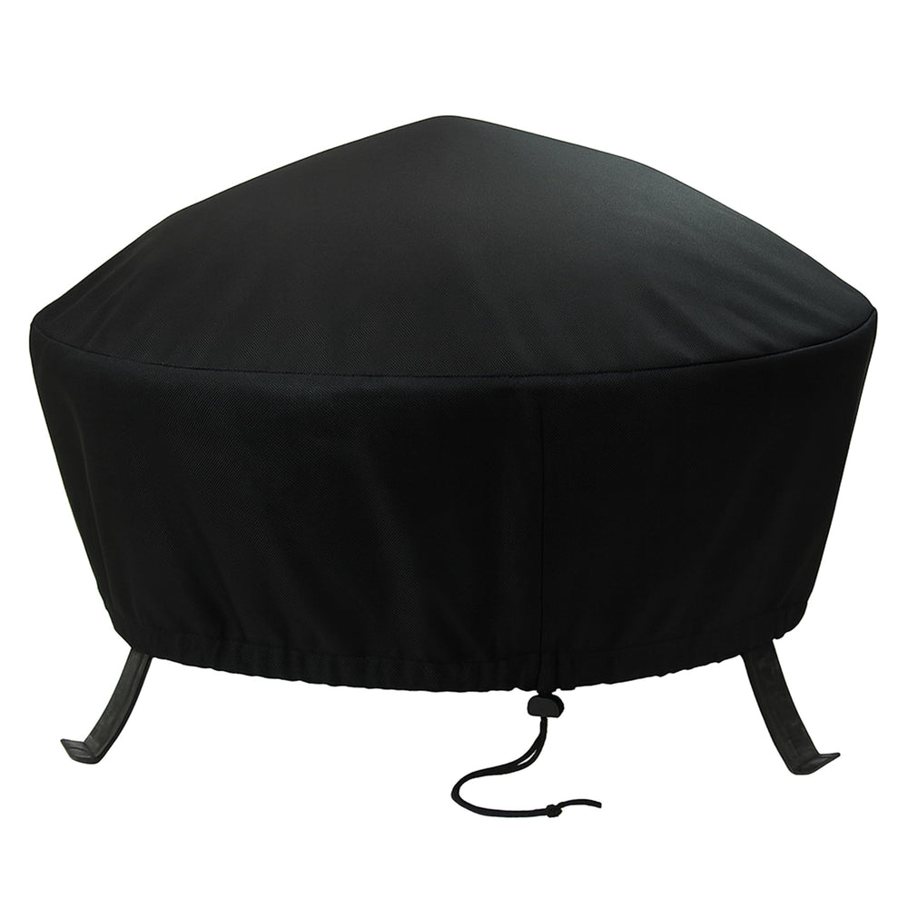 Sunnydaze front view of black round cover protecting fire pit outdoors