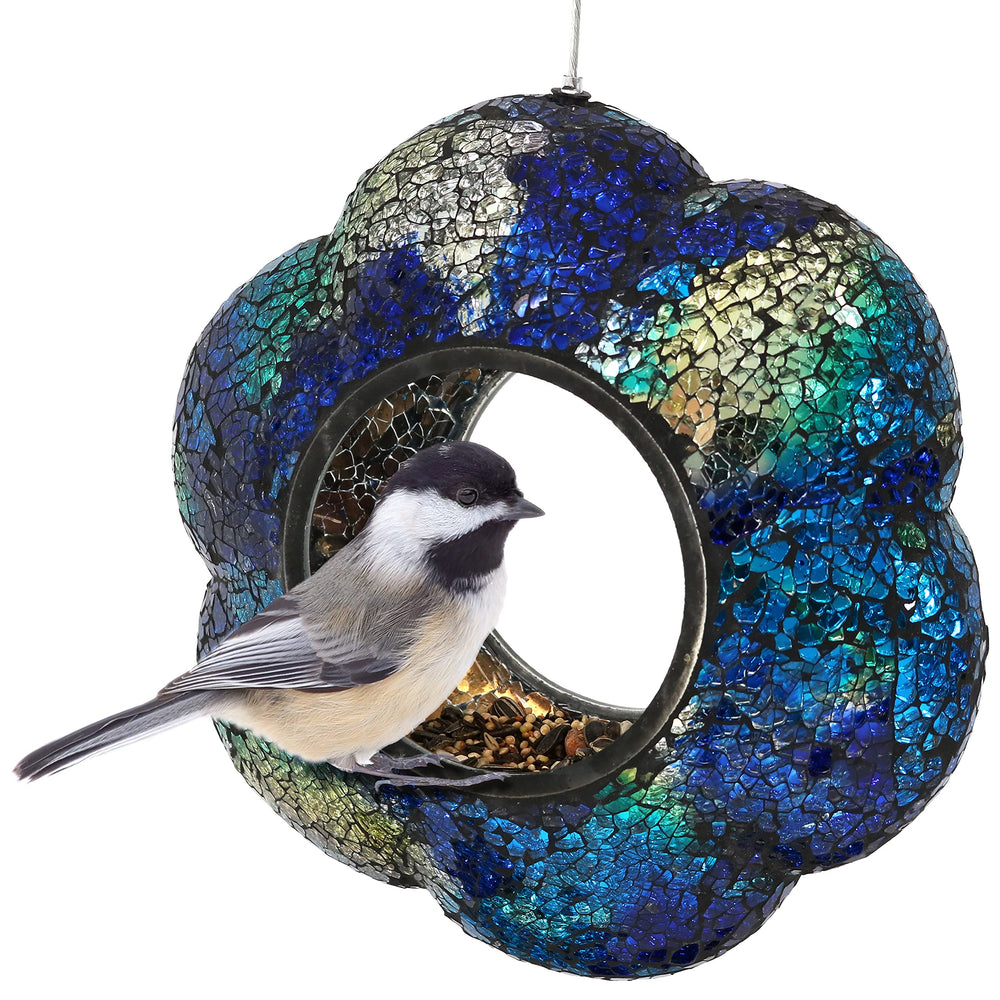 Sunnydaze front view indigo flower feeder showcasing hanging design and benefit of garden color