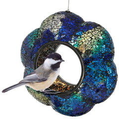 Sunnydaze front view indigo flower feeder showcasing hanging design and benefit of garden color