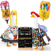 Sunnymove front view of two dressed geese showing festive back-to-school charm