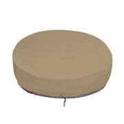 SunPatio front view of taupe daybed cover protecting round sofa and cushions