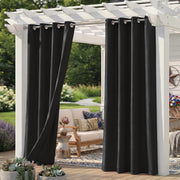 Sunshelf front packaging showing four black outdoor curtain panels benefits easy install