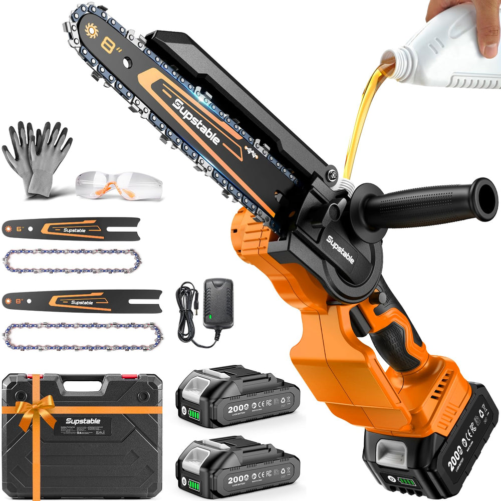 Supstable front view showing compact cordless chainsaw and case, highlights portability