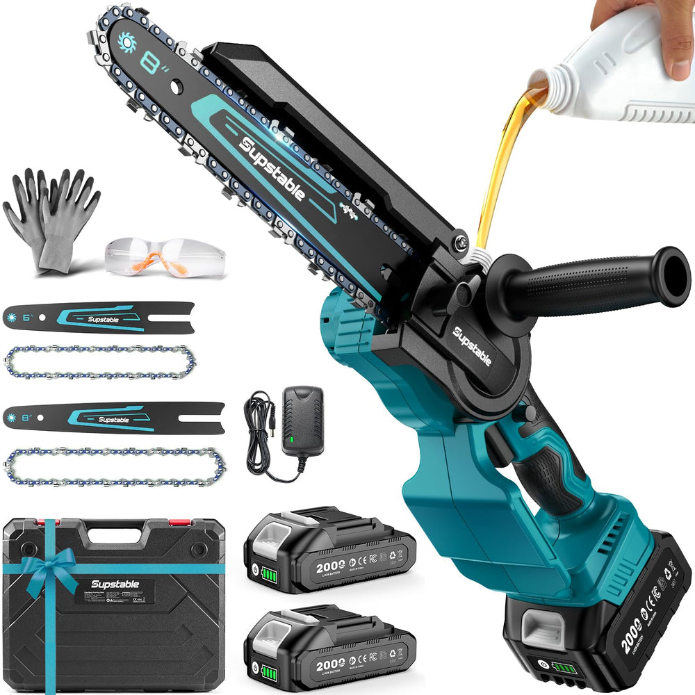 Supstable mini chainsaw front view showing compact design and controls for portability