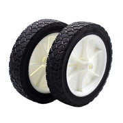 Sutmorly front view of two 7-inch replacement wheels showing overall shape and tread benefits