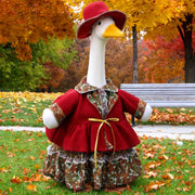Suzile front view of porch goose outfit showing festive maple design and curb appeal
