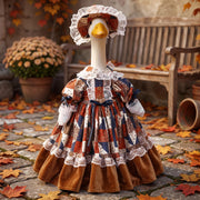 Suzile porch goose front view showing full costume and warm seasonal curb appeal