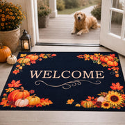 Svepndic front view of fall door mat showing seasonal pumpkins and leaves, welcoming look