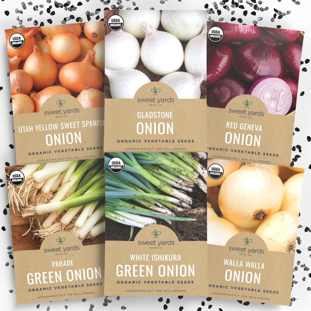 SWEET YARDS front packaging showing six organic onion seed packets and gift-ready box