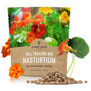 SWEET YARDS front packet showing mixed-color nasturtium seeds and benefits