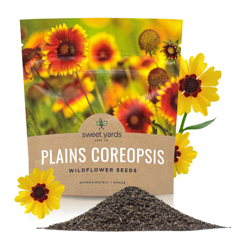 SWEET YARDS front packet showing Plains Coreopsis seeds and resealable zipper for long storage