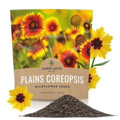 SWEET YARDS front packet showing Plains Coreopsis seeds and resealable zipper for long storage