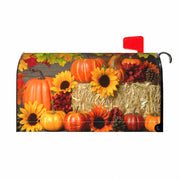 Sweetshow front view of fall mailbox cover showing full harvest design