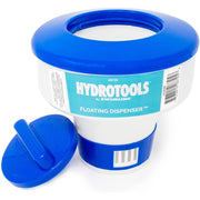 Swimline Hydrotools front view showing compact floating dispenser and easy-grip handle benefit: simple placement